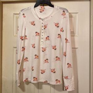 AERIE WAFFLE HENLEY 3/4 BUTTON DOWN SOFT MUSLIN FLORAL TEE SIZE L